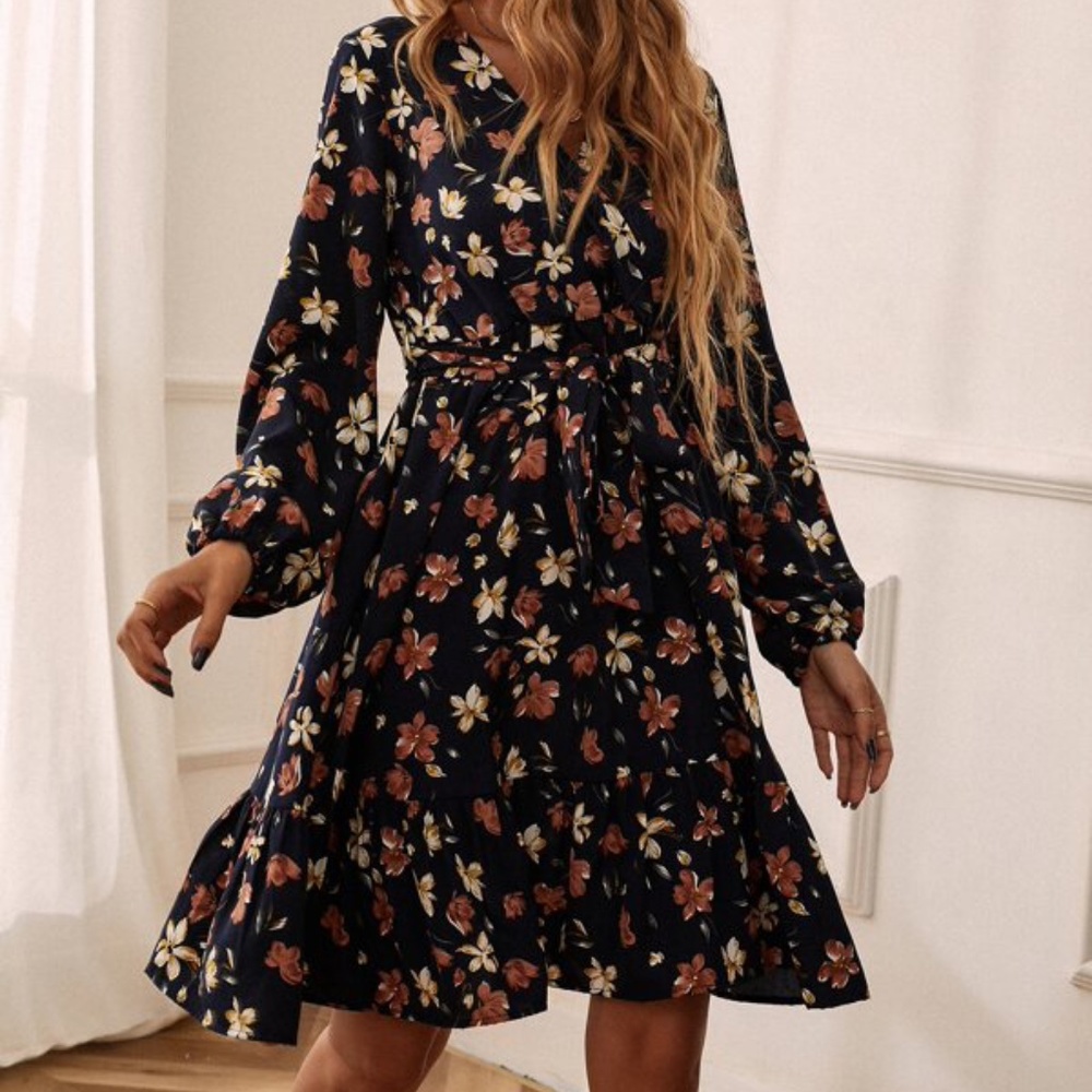 024 Boho Print Ruffle Mini Dress Cottagecore - Picture 5 of 6